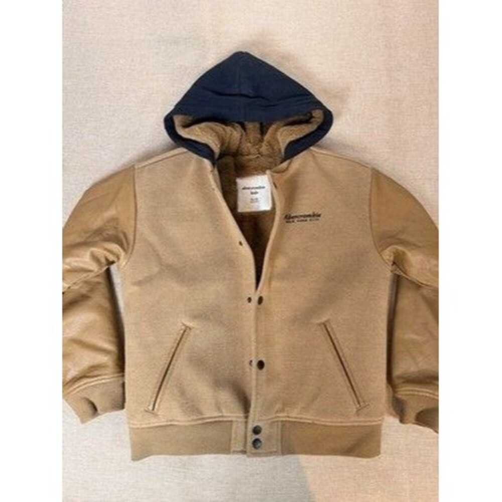 Abercrombie Kids Hooded Varsity Jacket Boys Size 11/12 Tan Lined Bomber Beige